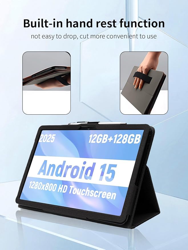 Case for JUNINKE C5 Tablet 11 inch Android 15 TabletsUYRUREL Leather Slim Folding Stand Cover with Hand Strap Magnet for Men Women Full ProtectionBlack.