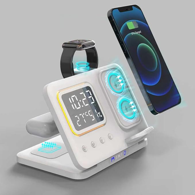 IHAO 3in1 Multifunctional Foldable Wireless Charging Station with LED Ambient Night Light Fast QC3.0 Charger for Phone iWatch Headphone Space-Saving Auto-Shutoff &amp Overcharge Protection-Black