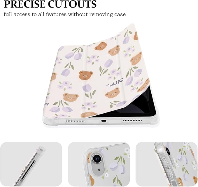 Lovmooful for iPad 9/8/7 Gen Case with Pencil Holder Cute-Bear Flower | Fit for iPad 9/8/7 (10.2-Inch2021/2020/2019 Model9th/8th/7th Generation)Soft TPUTrifold StandProtectiveGirly