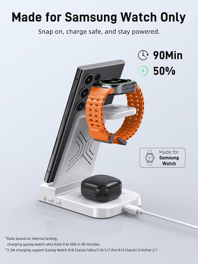 Wireless Charger for Samsung Charging Station, 3 in 1 Android Phone Charger for Samsung Galaxy S25 Ultra/S24 Ultra/S23/Z Fold7/Flip7, Galaxy Watch 8/8 Classic/Ultra/7/6/5, Galaxy Buds 3 Pro/3(White)