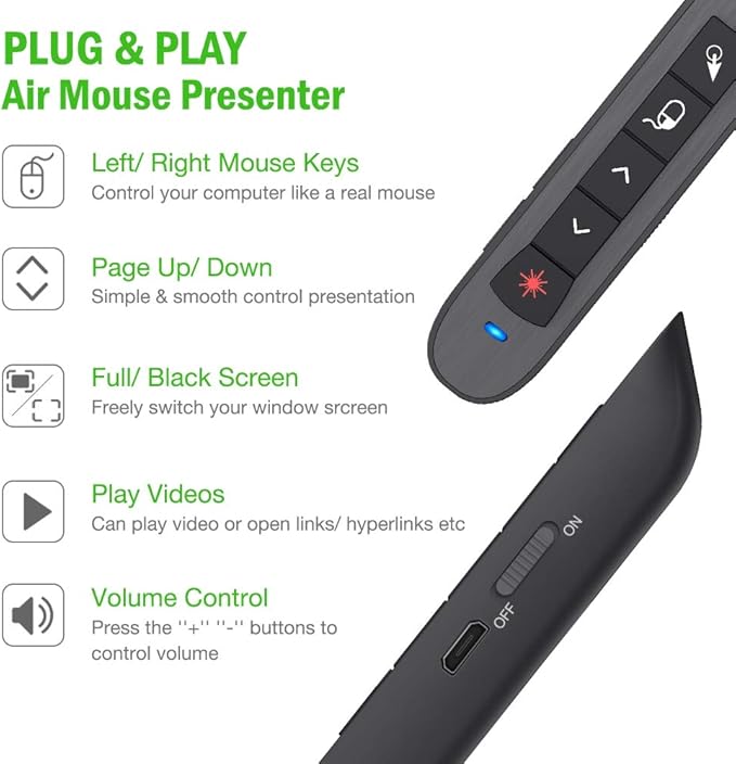 Air Mouse Green Presentation Remote Control USB Rechargeable Presentation Clicker Wireless Presenter RF 2.4 GHz Powerpoint Clicker Slide Advancer Changer Mac/Laptop/Computer