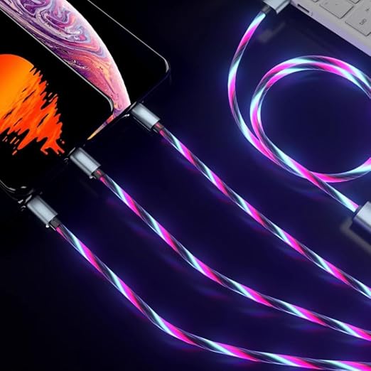 IHAO Multi Ports Light-Up USB Cable USBA to USBC/MicroUSB Cable Durable Fast Charging Cable with Visible Current Flow As Night Light Use-3in1 Blue