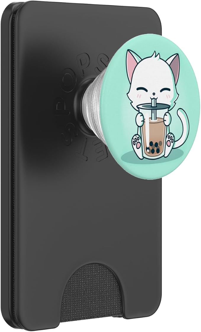 Cute Boba Kit Tea Cat Enjoying Tea Pet Kitty Lover Green PopSockets PopGrip: Swappable Grip for Phones &amp Tablets