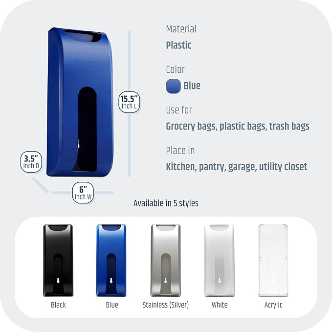 Plastic Bag Holder | Durable Plastic Wall Mount Kitchen Grocery Bag Storage Organizer | Smudge Proof, Fingerprint Resistant | Blue