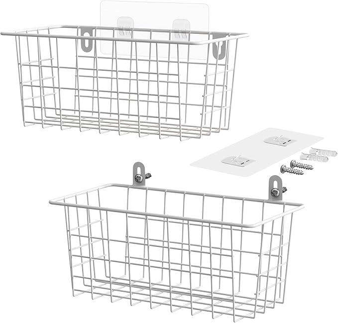 MaraFansie Hanging Kitchen Baskets Wire Storage Basket Adhesive and Screws Basket Over the Cabinet Door Organizer with Adhesive Strips and Screws Accessories, 2 Installations, 2 Pack, White