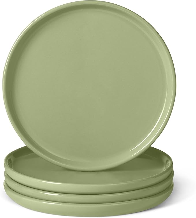 Amazon Basics Glazed Stoneware Appetizer Plates, Ceramic 4-Piece Set, Microwave and Dishwasher-Safe, 6.7 in., Olive