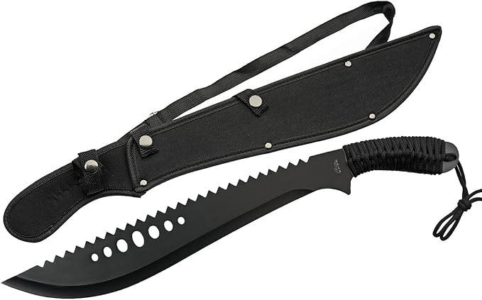 Szco Supplies 21” Full-Tang Curved Sawback Machete with Cord-Wrapped Handle, 420 Stainless Steel Blade, and Nylon Sheath for Camping, Hiking, and Survival