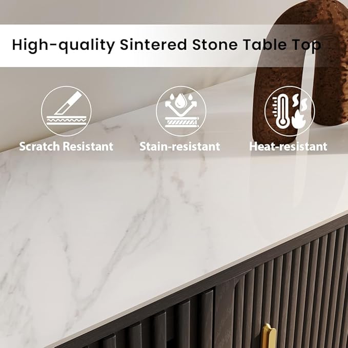 POVISON Sliding Tambour Door TV Stand, Mid Century Modern Sintered Stone TV Console, Wood Media Console for 85 Inch TV, Entertainment Center with Storage Cabinet, Fully-Assembled (Black, 94.49")