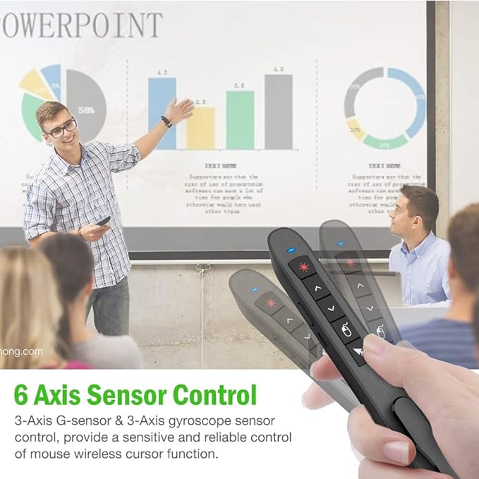 Air Mouse Green Presentation Remote Control USB Rechargeable Presentation Clicker Wireless Presenter RF 2.4 GHz Powerpoint Clicker Slide Advancer Changer Mac/Laptop/Computer