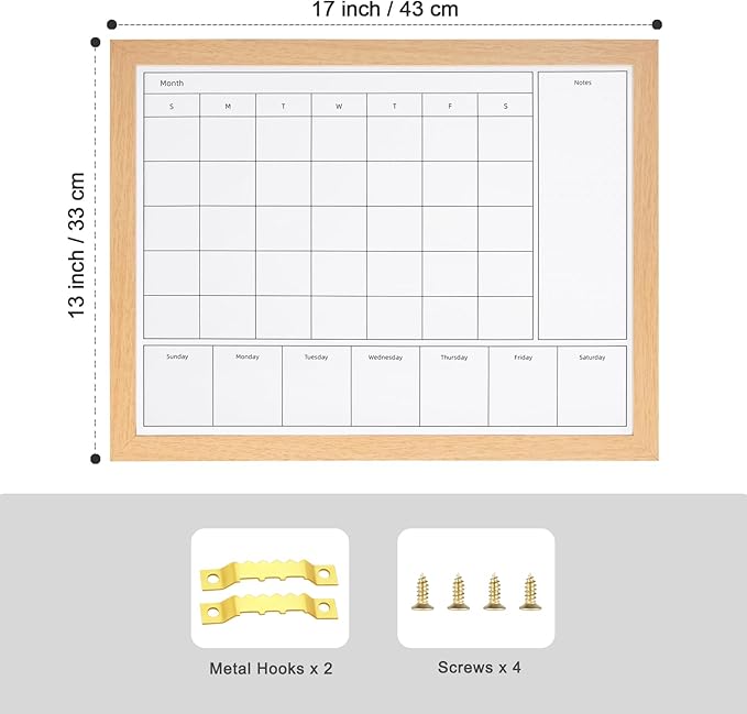 3-in-1 Dry Erase Calendar for Wall, Magnetic Monthly & Weekly Calendars Whiteboard, Dry Erase Board for Wall with Brown Wood Frame, Hanging White Board Calendar for Decor/Memo(YL+ZL-BR,4333)