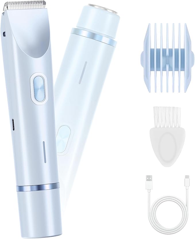 Bikini Trimmer for Women 2 in 1 Dual Head - IPX7 Waterproof Painless Electric Razors for Beauty, Pubic Hair, Face, Legs & Underarms– Portable Cordless Shaver with Fast Charging, Easy Cleaning (Blue)