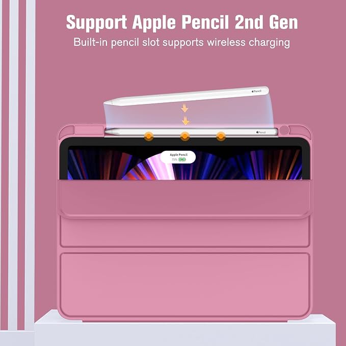 New iPad Pro 11 Inch Case 2022(4th Gen)/2021(3rd Gen)/2020(2nd Gen) with Pencil HolderSmart iPad Case [Support Touch ID and Auto Wake/Sleep] with Auto 2nd Gen Pencil Charging (Deep Pink)