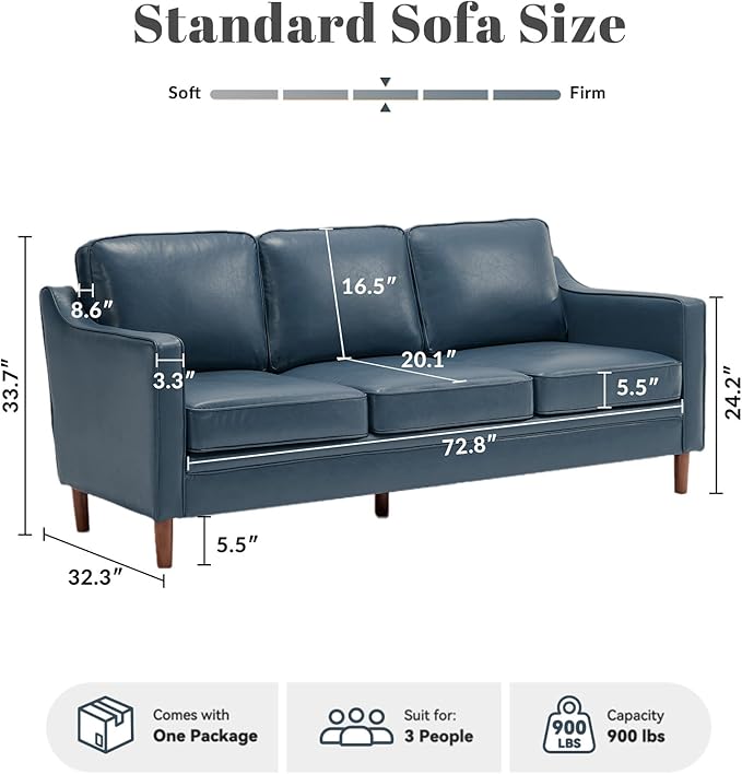 Kingfun 80" Faux Leather Sofa, 3 Seater Couch, Mid Century Modern Couches with Solid Wood Frame for Living Room & Bedroom, Royal Blue