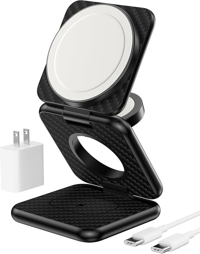 KU XIU Foldable 3 in 1 Magnetic Wireless Charging Station for Apple Devices | Aluminum Alloy Design Foldable Travel Charger Stand with 20W Adapter for iPhone 17-12 5W for Apple Watch &amp AirPods