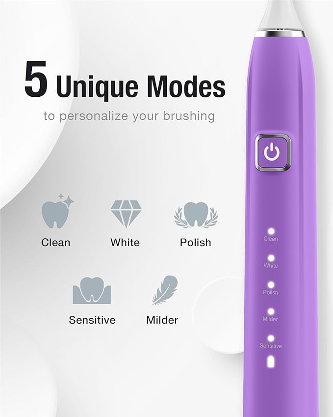 7AM2M Sonic Electric Toothbrush with 6 Brush Heads for Adults&Kids, One Charge for 120 Days, Wireless Fast Charge, 5 Modes, 40000VPM Powered Toothbrush, 2 Minutes Built in Smart Timer - Purple