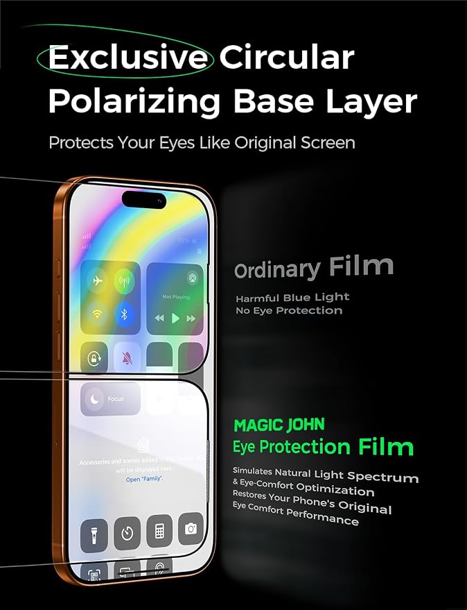 MAGIC JOHN 2 Pack for iPhone 15 Pro Screen Protector Eye Protection | HD Clear Auto Dust-Elimination 9H Tempered Glass &amp Scratch Resistance Full Edge Coverage