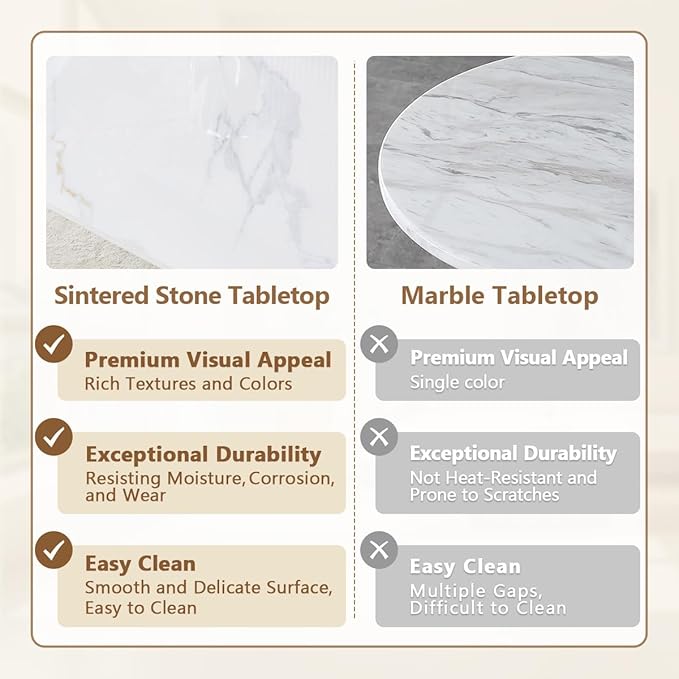 White Dining Table Set for 4, 62'' Dining Table Set for 4, Sintered Stone Dining Room Sets for 4, Easy to Assemble