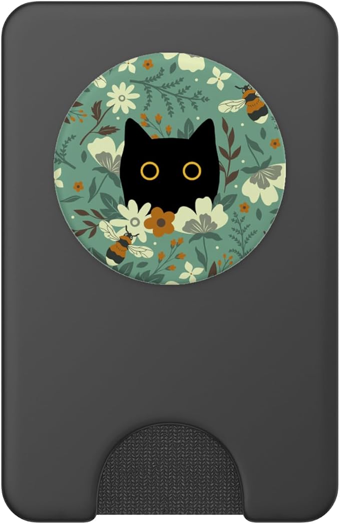 Black Cat Hiding in Garden Flowers with Bees Cute Floral PopSockets PopWallet for MagSafe