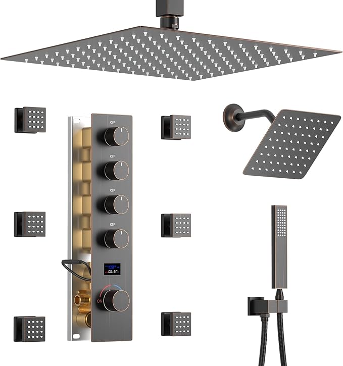 KATAIS Temperature Display Oil Rubbed Bronze Shower System, Push Button Shower Faucet with Handheld Spray, Ceiling Mount 12 Inch and 8 Inch Wall Mount Shower Head, 6 PCS Body Jet