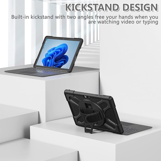 Junfire Protective Case for Microsoft Surface Go 4/3/2/1 | 360° Rotating Stand Hand Strap Shoulder Strap Pencil Holder Heavy Duty Shockproof Black