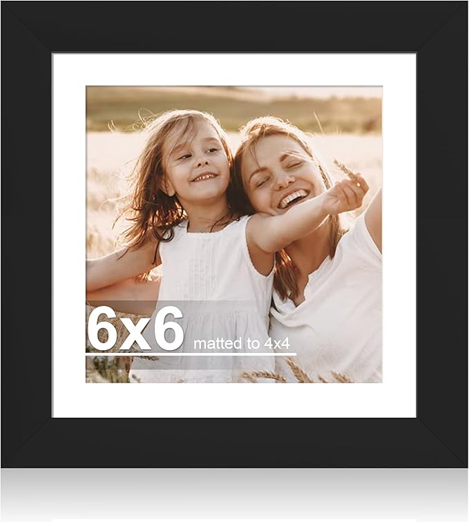 6x6 Picture Frame with Glass, Display Pictures 4x4 with Mat or 6 x 6 without Mat - Wall and Tabletop, 6 by 6 Photo Wooden Frames (Black, 1 Pack)
