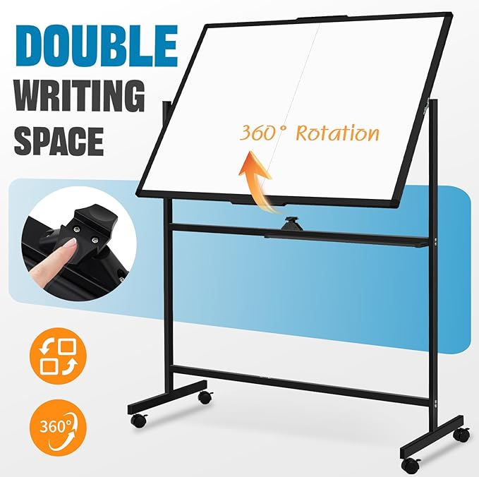 48" X 36" Large Rolling Whiteboard, 360°Rotation Magneitic White Board with Stand, Double Sides Whiteboard Easel on Wheels, Big Dry Erase Board for Office, School, Home