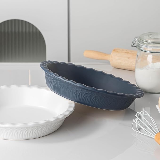 Fun Elements Ceramic Pie Pan, 9 Inch Pie Dish for Baking, Ruffled Pie Plate, Non-Stick Deep Dish Pie Pan for Apple Pie and Pot Pie, Thanksgiving Christmas Gifts, Set of 2, White