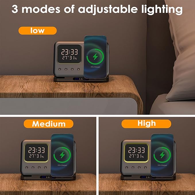 IHAO 3in1 Multifunctional Foldable Wireless Charging Station with LED Ambient Night Light Fast QC3.0 Charger for Phone iWatch Headphone Space-Saving Auto-Shutoff &amp Overcharge Protection-Black