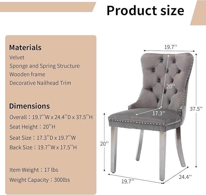 Luxury Upholstered Dining Chairs Set of 4, Grey Kitchen Chair with Silver Metal Legs, Velvet Tufted Back Dining Chair, Sillas de Comedor, Modern Kitchen & Dining Room Chairs (Gray, 4 Pcs)