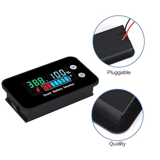 IPX7 Waterproof Battery Monitor with Bracket 7-100V,12v 24v 36v 48v 60v 72v Digital Display Battery Capacity Remaining Capacity Percentage Tester with Buzzer Alarm and Temperature