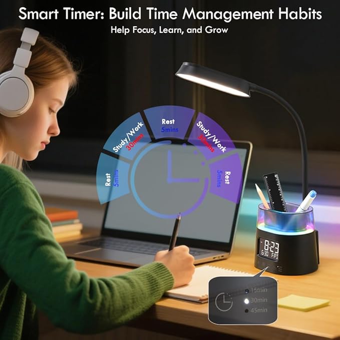 WILIT LED Kids Desk Lamp, Dimmable Study Lamp for Home Office Desk Accessories, with Pen Holder & Clock, USB Charging, RGB Night Light, Bedroom & College Dorm Room Essentials for Girls - Black