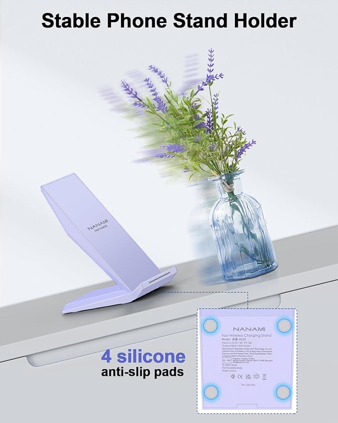 NANAMI Wireless Charger - Fast Qi-Certified Wireless Charging Stand Compatible Apple iPhone 16/16 Plus/16 Pro/16 Pro Max/15/14/13/12 Pro, Desktop Phone Charger for Samsung Galaxy S25/S24/S23/S22/S21
