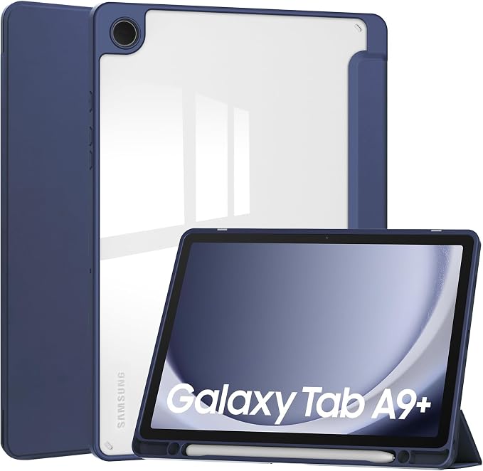 Tablet Case for Samsung Galaxy TAB A9+/A9 Plus with S Pen Holder 360° Swiveling Stand Shockproof Cover with Clear Transparent Back Shell Auto Wake/Sleep (Black Galaxy Tab A9 Plus)