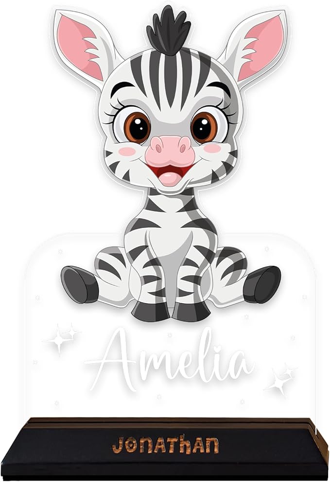hun concept Personalized Kids Zebra Night Light – Custom Name LED Lamp for Nursery, Baby Room & Bedroom, Cute Animal Acrylic Night Lamp with Wooden Base, Unique Birthday & Christmas Gift for Children