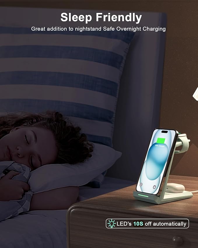 Wireless Charging Station for iPhone - ADADPU 3 in 1 Charger Stand for iPhone 16 15 14 13 12 11 Pro Max XR XS 8 Plus, Wireless Charging Dock for Apple Watch 9/8/7/SE/6/5/4/3/2, AirPods Pro/3/2 (Green)
