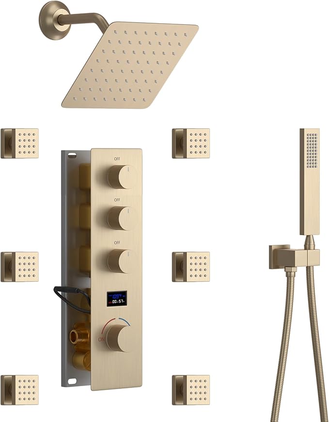 KATAIS Tempreature Display Shower System Brushed Gold Shower Faucet Set with Wall Mount 8 inch Shower Head and 6 PCS Body Jet, Handheld Spray