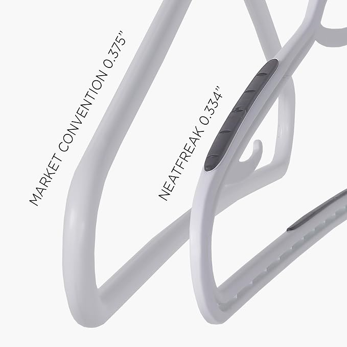 Neatfreak Slim Non Slip Hangers - Space Saving Set of 10 With Lingerie Hooks and Pants/Accessories Bar - Patented W Frame White Plastic Hangers