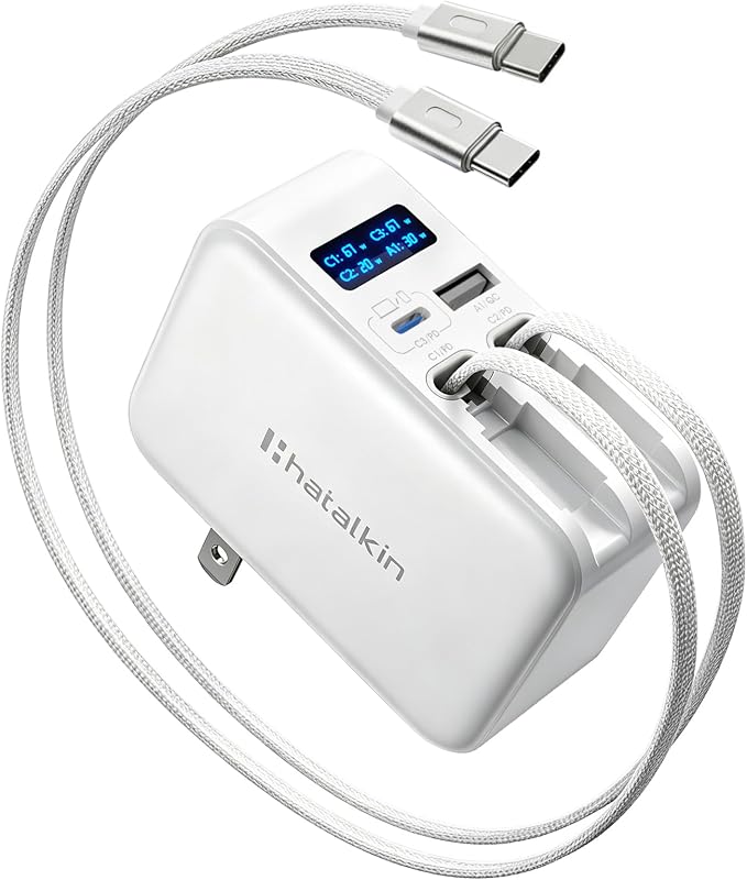 HATALKIN 67W Retractable Wall Charger 4-in-1 with USB-C &amp for Apple Cable | Smart Display ChargerFast ChargingRetractable ChargerFoldable PlugMulti-DeviceTravel UseFor Mac/iPhone/Samsung L