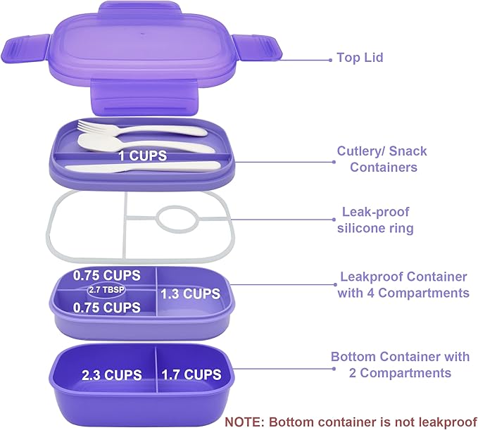 JBGOYON® Bento Lunch Box with Bag - All-in-One Stackable Lunch Containers with 3 Layers for Adults & Kids, 1900 ML Modern Bento-Style Design, Built-in Utensil Set, Lunch Bag (Purple)