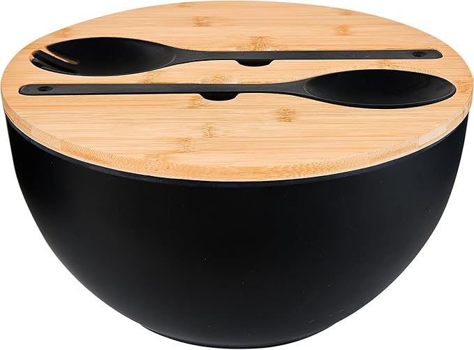 GEHE 12" Salad Bowls, Bamboo Fiber Salad Bowl with Lid, 7.7Qt Extra Large Mixing Bowls with Servers for Kitchen, Salad Serving Bowl Set with Utensils for Salad, Pasta, Fruits, Vegetables and Dessert