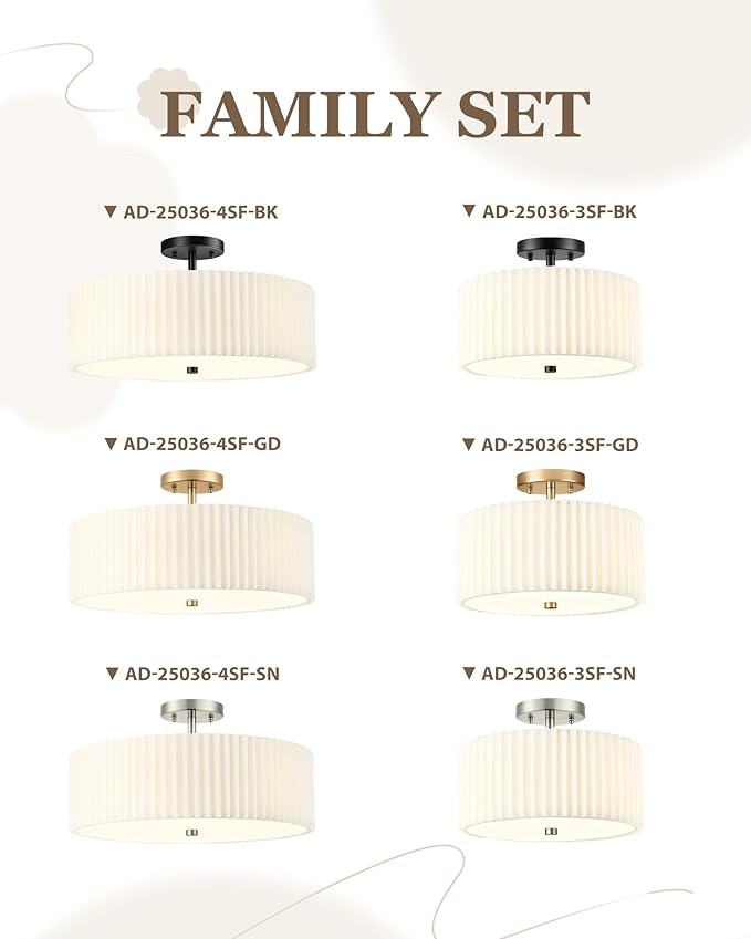 Semi Flush Mount Ceiling Light, 3-Light 12.5" Ceiling Light Fixture with White Pleated Fabric Shade, Brushed Nickel Drum Lamp for Nursery Hallway Bedroom Kitchen, AD-25036-3SF-SN