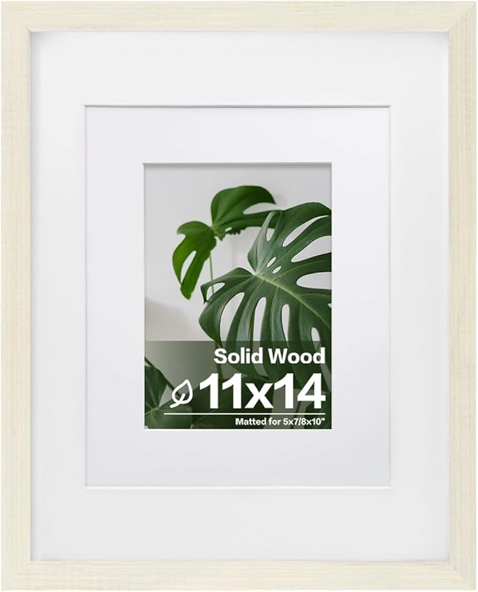 Egofine 11x14 Picture Frame Made of Solid Wood with Plexiglass, Display Pictures 5x7/8x10 with Mat or 11x14 Without Mat for Tabletop and Wall Mounting, Beige
