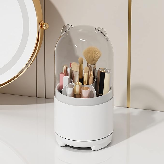 Cute Makeup Brush Holder Organizer with Lid, Rotating Dustproof Make Up Brushes Container with Clear Acrylic Cover for Vanity Desktop Bathroom Countertop
