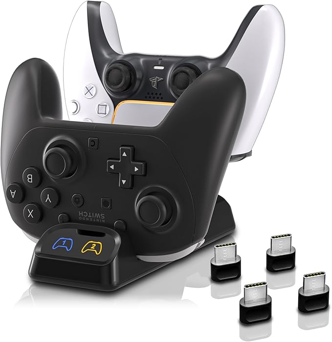 ECHZOVE Switch 2 Pro Controller Charger Dock – Dual Fast Charging Station for Nintendo Switch Pro, PS5, Xbox Series X/S – LED Status Display, Type-C Adapter, Compact Design
