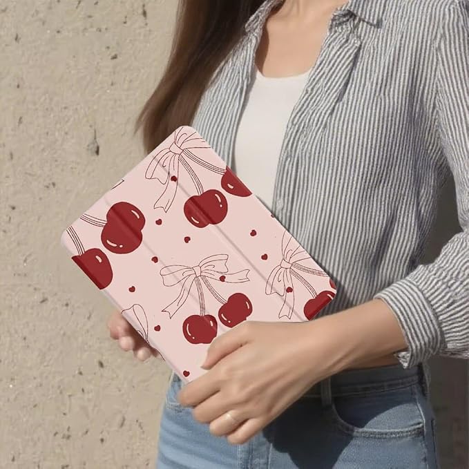 iPad Pink Case for iPad Pro Generation 11Inch 2018/2020/2021/2022 with Pencil Holder-[Auto Wake/Sleep] Trifold Stand Soft TPU Protective Cover Cute Cherry Bow