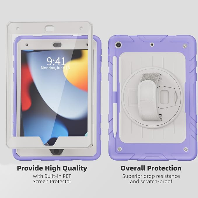 Case for iPad 9th/8th/7th Generation-Built-in Screen Protectorwith Pencil Holder&amp360°Rotating Hand StrapShoulder StrapCase for iPad 10.2 inch 2021-2019(Black)