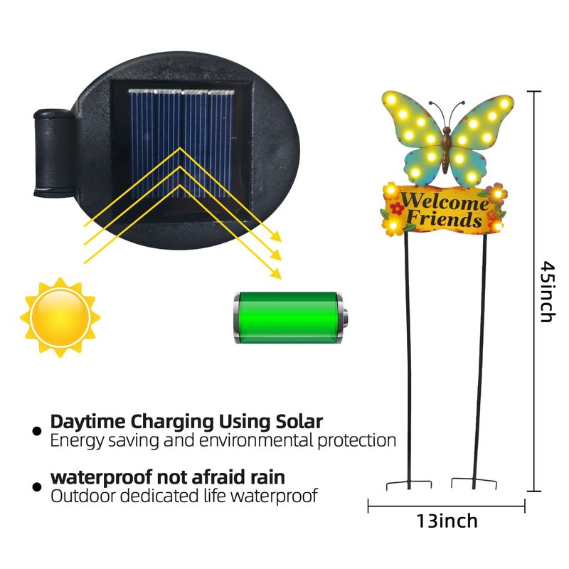 Decorative Garden Stakes Large 45" with 18 Bulbs Solar String Lights Outdoor Waterproof, Butterfly Solar Lights for Outside with Welcome Friends Garden Sign for Yard, Patio, Pathway