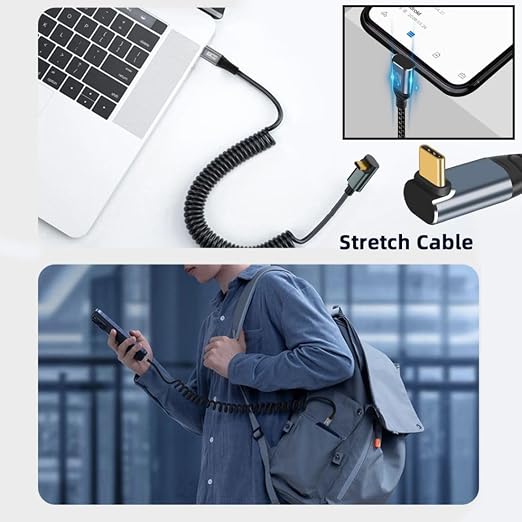 chenyang USB C to C Coiled Cable USB 3.2 Type C 90 Degree UP Angled 20Gbps PD 100W 8K@60Hz Data Fast Charging Cable 6ft