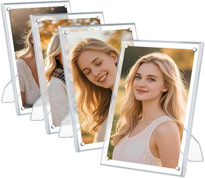 Egofine 5x7 Acrylic Frames Set of 4, Clear Picture Frames with Stand, Magnetic Acrylic Photo Frames for Tabletop Display Horizontally or Vertically