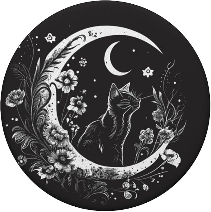 Cat Sitting On Crescent Moon Flowers Stars Drawing PopSockets Adhesive PopGrip